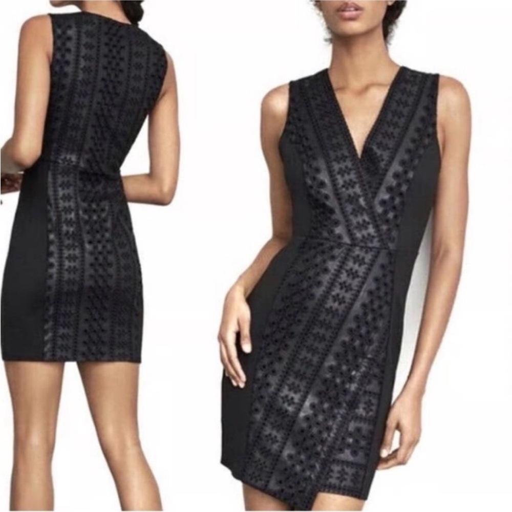 BCBGMaxAzria | NWT Black Embroidered Faux Leather Ponte Sheath Dress XXS $268